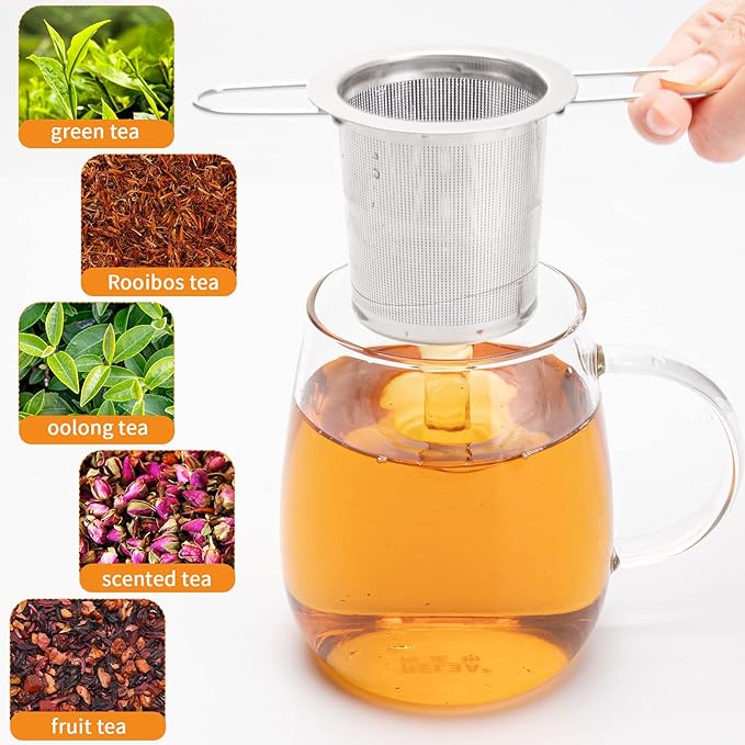 2Pack Tea Strainer, Stainless Steel Tea Infuser Basket Sitting in Mugs, Evmliy Tea Infusers for Loose Tea, Fine Mesh Tea Diffuser Long-Handled Tea Strainers Filters, Tea Steeper for Leaf (2Pack)