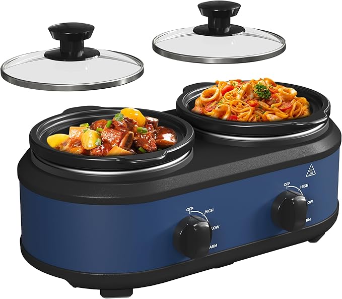 Kiss the Water Dual Slow Cooker, Buffet Server and Warmer with 2 Removable Ceramic Pots, Slow Cooker Food Warmer with 3 Adjustable Temp & 2 Visible Glass Lids, Stainless Steel, 2 x 1.25 QT, Blue
