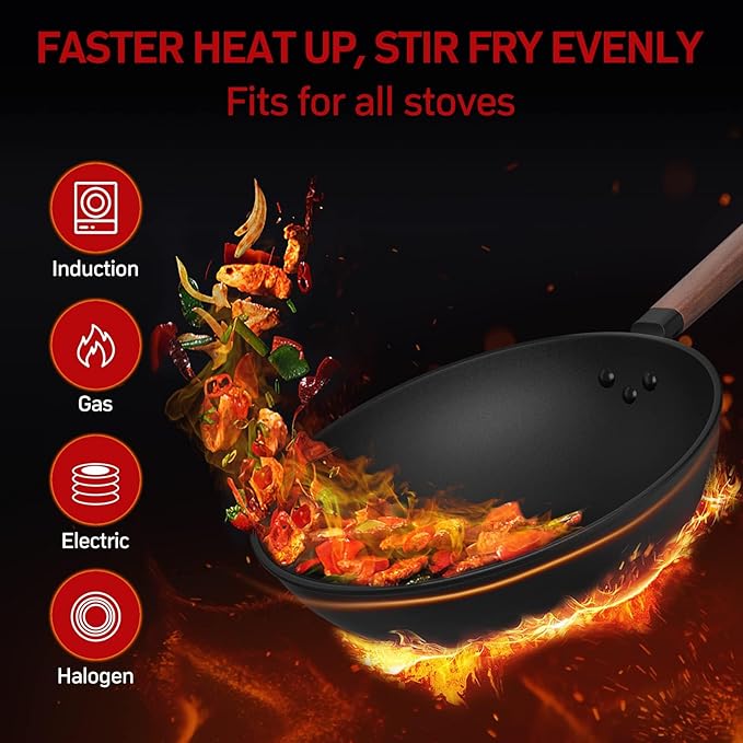 Carbon Steel Wok - Including Glass Cover and Steel Spatula, 13-Inch Woks & Stir-Fry Pans for Induction, Electric, Gas Stoves