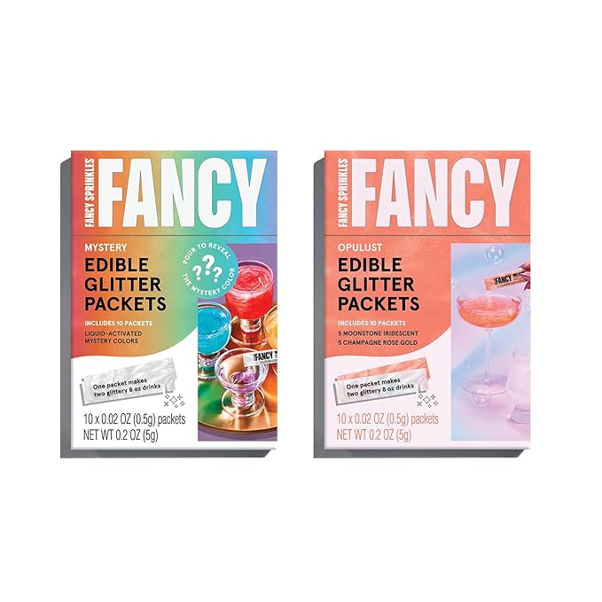 Fancy Sprinkles VIP Set (Opulust and Mystery) Edible Glitter Packets Portable & On-The-Go for Sparkling Drinks, Champagne, Cocktails, Wine, Beer, & more. (2 Pack)