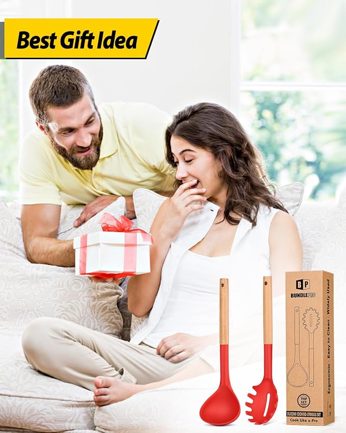 Silicone Pasta Fork and Ladle Spoon Set with Wooden Handle, Heat Resistant Non Stick Kitchen Utensils for Cooking, Stirring, Serving Spaghetti, Soup, Sauce(RED)