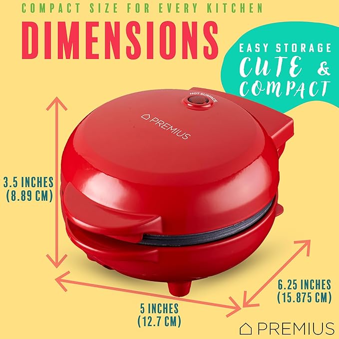Ceramic Nonstick Mini Snack Waffle Maker, 4” Mold, Quick Heat for Crispy Waffles, French Toast, Tuna Melt, Egg & Grilled Cheese, Sandwiches for Kids & Family, Just Add Batter (Red)