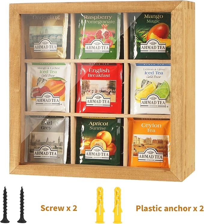 Wood Tea Bag Organizer, 6 Compartment Multi-Functional Tea Box and Storage Organizer for Tea Bags with Clear Acrylic Window