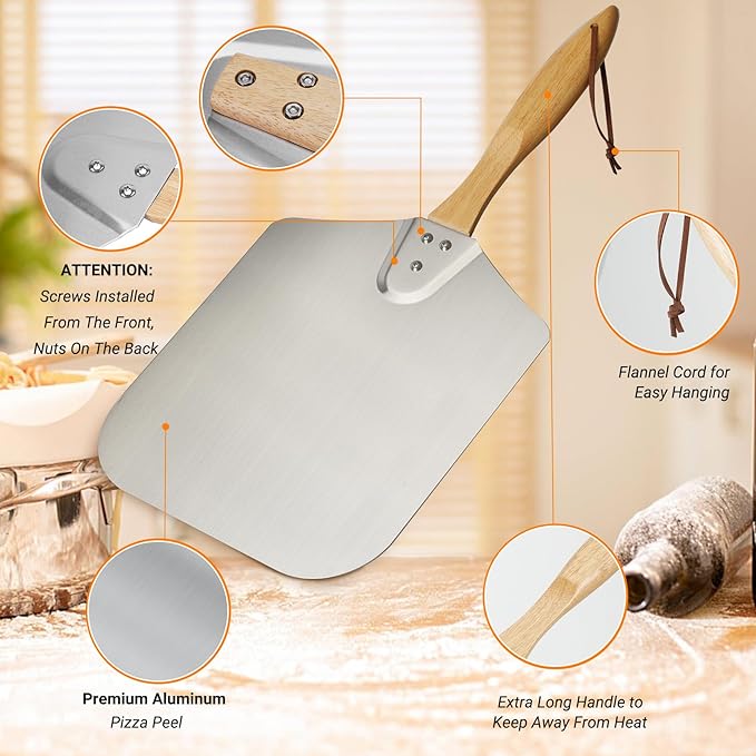 Skyflame Kitchen Supply Aluminum Pizza Peel with Wooden Handle 14-Inch x 16-Inch, Large Pizza Paddle for Baking Homemade Pizza Bread