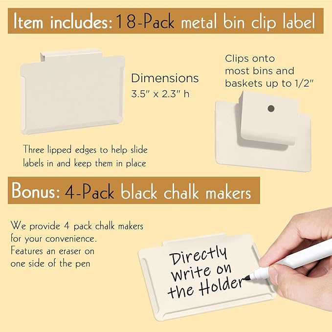Basket Labels Clip on | Label Holders for Basket or Storage Bins Includes White Chalk Markers (18 Cream Holders + 4 Black Chalk Makers)
