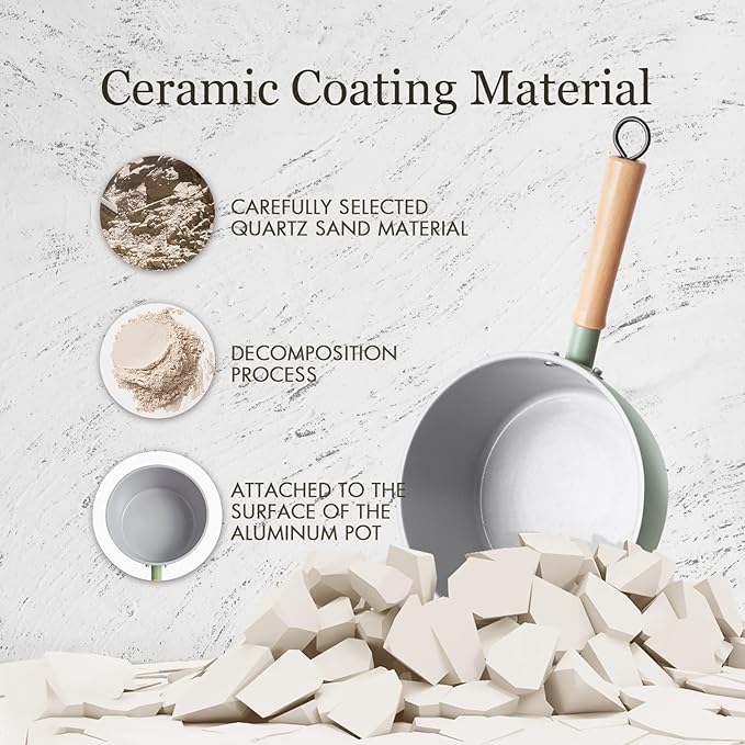 ROCKURWOK Ceramic Nonstick Sauce Pan with Lid, 2 Quart Cooking Pot, Small Saucepan with Steamer, PTFE& PFAS-Free, Wooden Handle for Cool Touch, Universal Base(Gas, Electric & Induction), Green