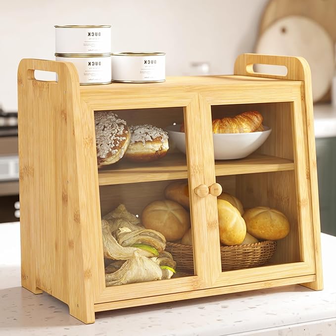 AMBIRD Bamboo Bread Box 20L Large Capacity with Clear Acrylic Doors - Double Layer Food-Safe Bread Storage with Air Vents and Side Handles - Keep Bread Fresh and Counter Clutter-Free