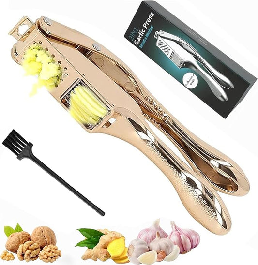Garlic Press and Slicer 2 in 1, Rust Proof & Dishwasher Safe Professional Garlic Mincer Tool, Effortlessly Crush and Mince Garlic with this Ergonomic Handle-Garlic Peeler & Brush ANCQMI(Gold)