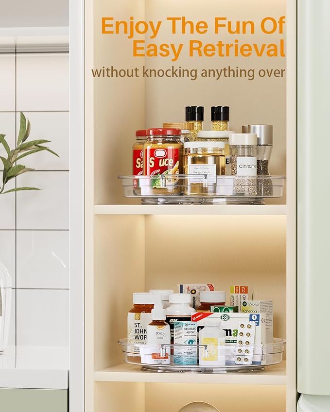 LAMU 2 Pack 10.6in Lazy Susan Organizer Turntable for Cabinet, Clear Lazy Susan for Refrigerator Rotating Organizer for Fridge, Kitchen, Pantry, Countertop, Bathroom, Medicine Cabinet Organizer