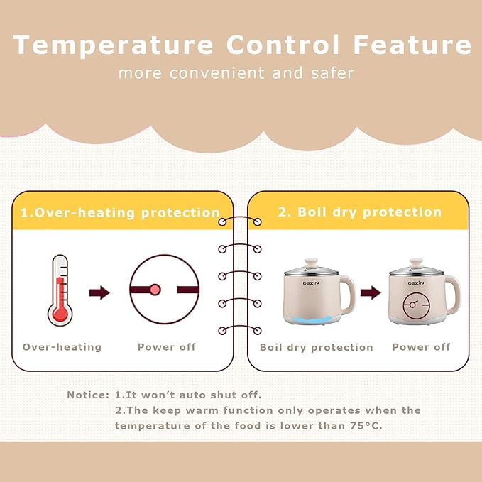 Dezin Electric Pot, 1.6L Ramen Cooker, Hot Pot Electric Stainless Steel, Multifunctional Cooker for Egg, Pasta, Soup, Porridge, Oatmeal with Temperature Control and Keep Warm Function