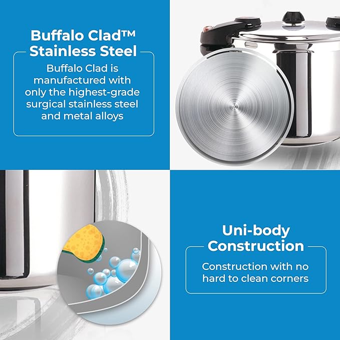 Buffalo Pressure Cooker 8 Qt Stainless Steel - Small Canning Pot with Lid for Home, Commercial Use - Easy to Clean Stove Top Pressure Canner, Can Cooker - SG Certificate QCP408
