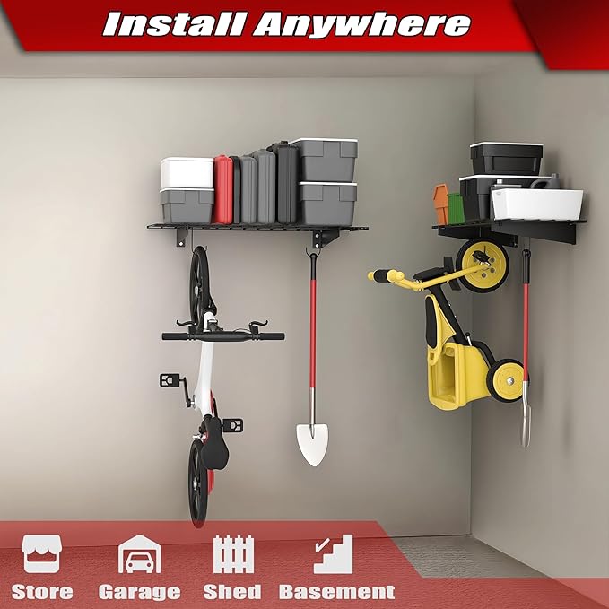 WALMANN 2 Pack Garage Wall Mount Shelves, 45x15 inch Wall Mounted Storage Shelves for Garage Heavy Duty Wall Shelving, Holds Up to 220 Lbs(Black)