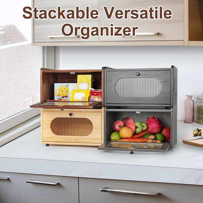 Sunhoo Bread Box for Kitchen Countertop Storage Wooden Breadbox Holder Container Morden Rustic Fresh Bread Keeper Farmhouse Stackable Organizer Bin for Homemade Food Shelf Acrylic Window (Yellow)