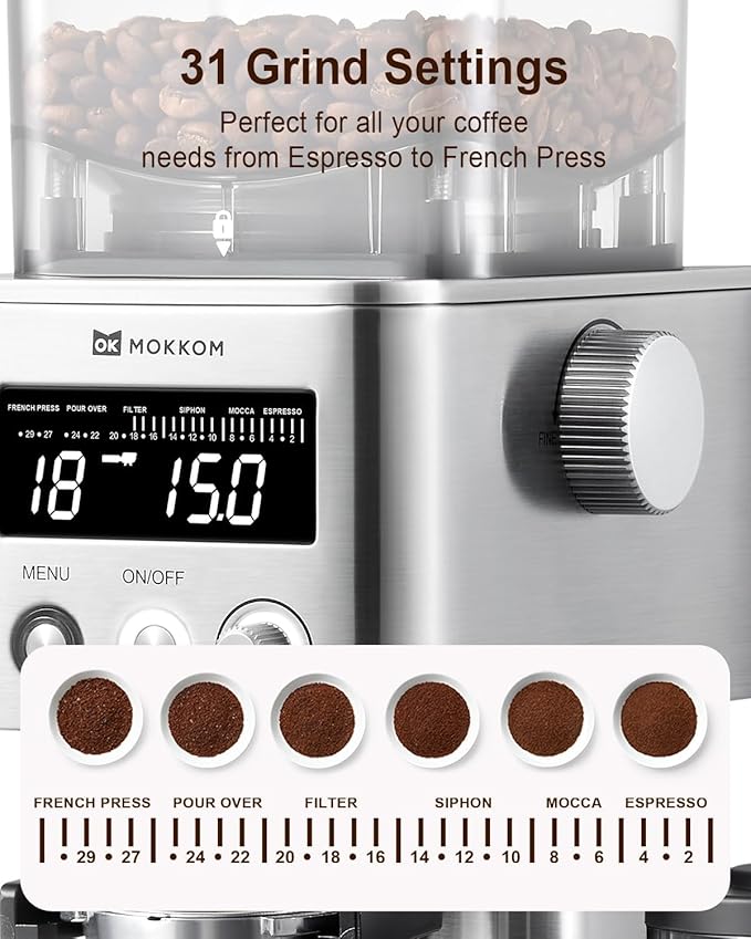 MOKKOM Coffee Grinder with 31 Precise Settings, Anti-Static, Quiet Conical Burr Coffee Bean Grinder for Home Use, Stainless Steel, 30 Seconds Timer & 1-8 Cup, LCD Display, Easy to Clean