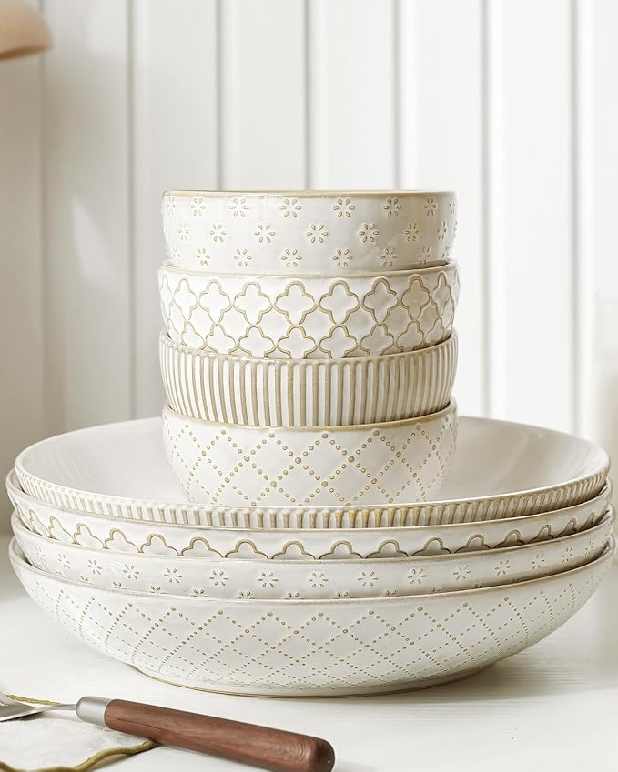 getstar Ceramic Bowl, Small Dessert Bowls Set of 4 with Assorted Embossment (4.5 inch & 10 oz), Farmhouse Vintage Color Bowls for Kitchen