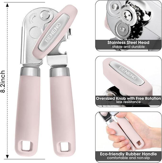 Beneno Can Opener Manual with Magnet, Hand Held Heavy Duty Can Opener with Durable Sharp Blade Smooth Edge, Big Effort-Saving Knob, Soft Grip Rubber Handle, Multifunctional Bottle Opener, Light Pink