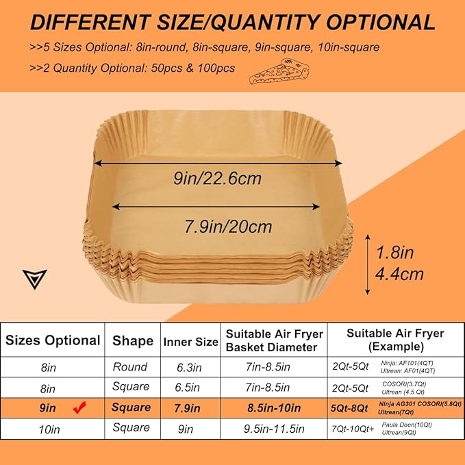 BYKITCHEN Air Fryer Sheets Liners for Ninja AG301 Grill, AF141 Pro 4-in-1 & More, 9in Disposable Square Air Fryer Parchment Paper Filters for 5 to 8 Qt, Ninja Foodi Grill Accessories(Set of 100)