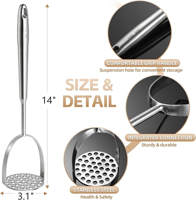 Potato Masher Stainless Steel,14Inch Long handle Potato Smasher, Mashed Potatoes Masher Kitchen Tool for Avocado,Potatoes, Beans, Vegetables, Large Heavy Duty Metal Mashing Utensil