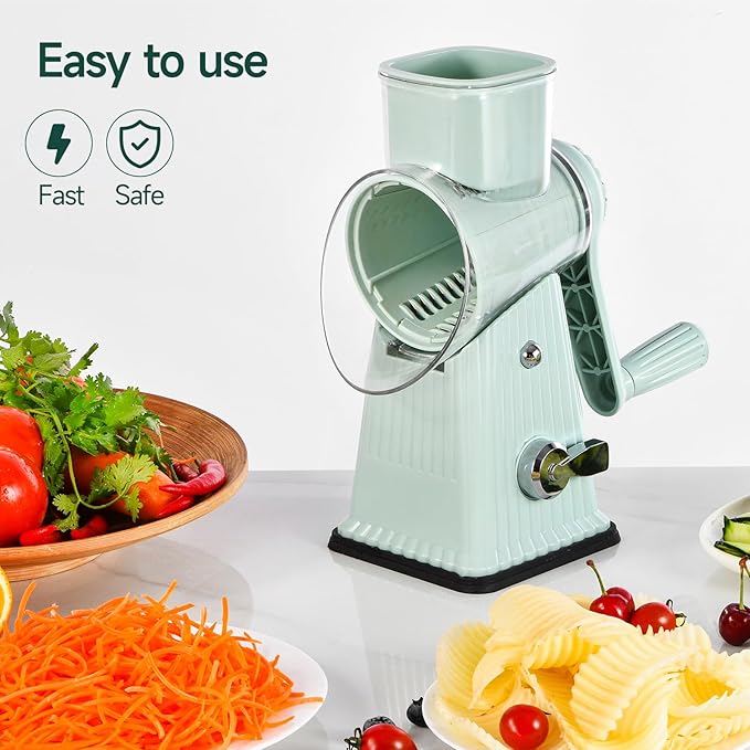 Rotary Cheese Grater, Vegetable Shredder 5 in 1 Cheese Grater with Handle edder Reinforced Suction,Easy to Clean,Kitchen Chopper for Crushed Ice,Fruits and Nuts with Blade Storage Case（Green）