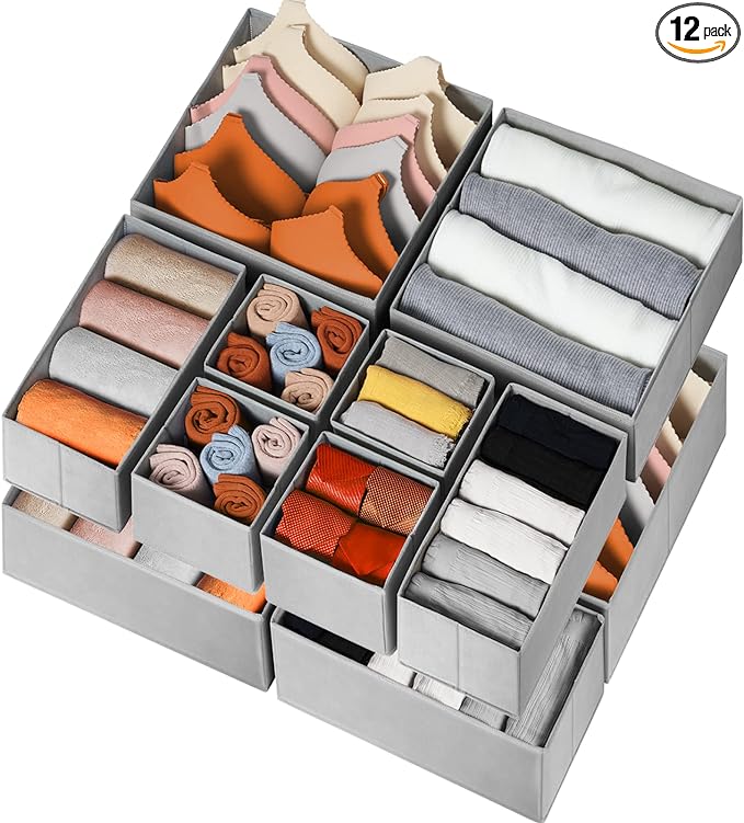 Criusia Drawer Organizer for Clothing, 12 Pack Sock Underwear Drawer Organizer Bins, Foldable Fabric Closet Organizers and Storage, Dresser Drawer Dividers for Baby Clothes, Bra, Scarves, Belt, Tie