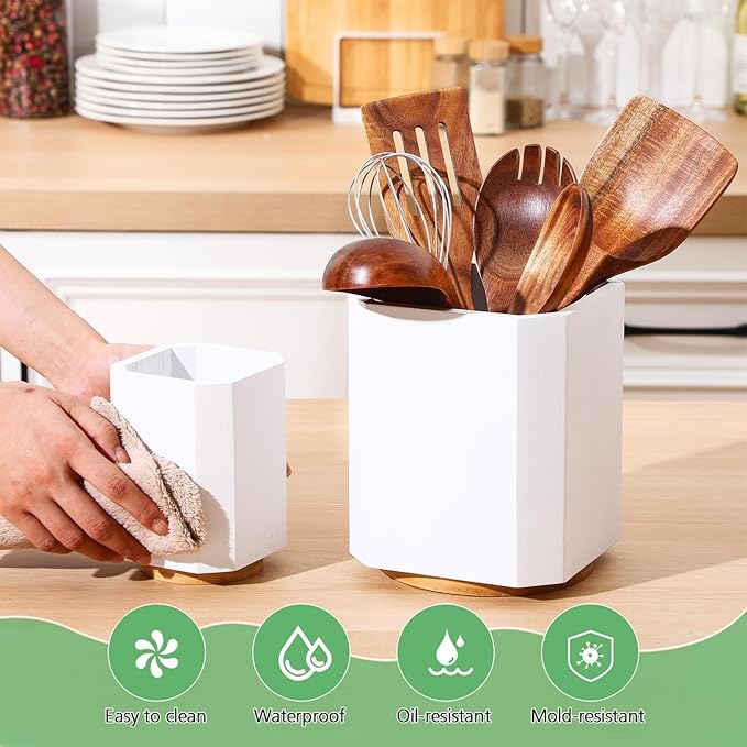 2 Pack Wooden Utensil Holder, 360°Rotating Kitchen Cooking Utensil Crock, Spoon Spatula Holder for Kitchen Counter, Farmhouse Countertop Organizer(White,Square)