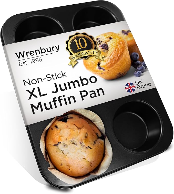 Wrenbury Jumbo Muffin Pan 6 Cup - Nonstick XL Deep Muffin Pan for Baking 3.75" Cup - Big Cup Tin - Oversized Extra Large Cupcake Mold - Dishwasher Safe - PTFE Free