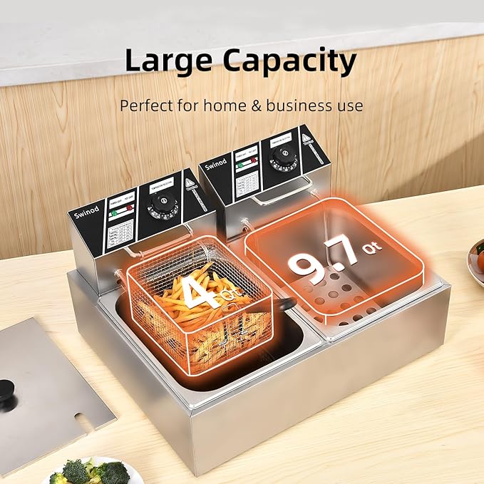 Commercial Deep Fryer with Baskets, 3400W 12.7QT/12L Thickened Stainless Steel Countertop Electric Oil Fryer, Large Capacity with Temperature Control, silver