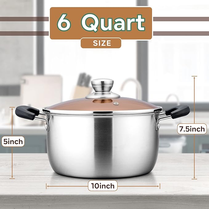 LIANYU 6QT Stock Pot with Lid, Stainless Steel Soup Pasta Pot for Home Kitchen Restaurant, Stockpot for Strew Simmer Boiling, Heat-proof Handle, Dishwasher Safe