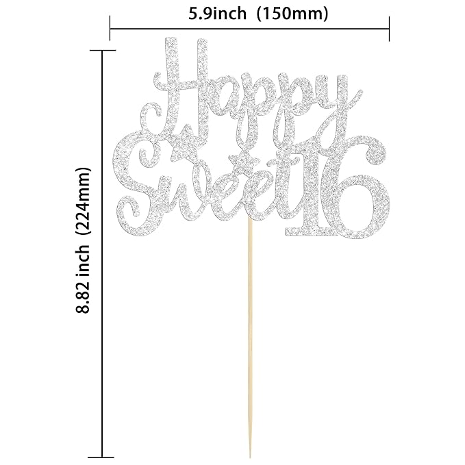 Gyufise 1Pc Happy Sweet 16 Cake Topper Sweet 16 Birthday Decorations Happy 16th Birthday Cake Decorations for Girls/Boys Silver Glitter