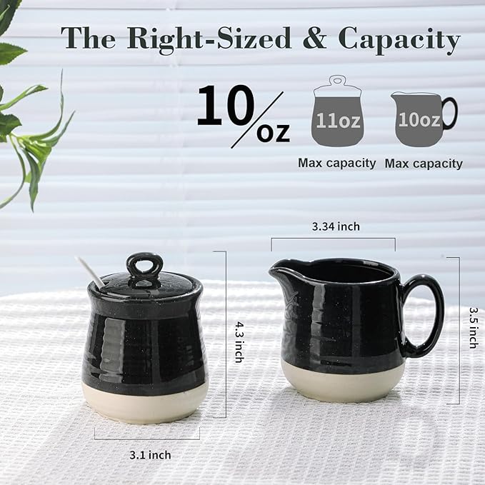 Hasense Sugar and Creamer Set, 3 Piece Porcelain Coffee Serving Set with Cream Pitcher, Sugar Bowl, Lid & Spoon, 10 Ounce Creamer Container and Sugar Pot, Farmhouse Decor (Black)