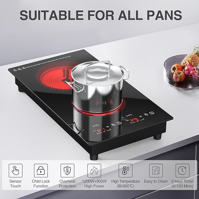 Portable Electric Hot Plate, 2 Burner Cooktop 110V/120V Plug-in, Infrared Stove Top for Cooking, LED Touch Control, Timer & Safety Lock for RV, Dorm, Apartment (Electric Cooktop 2 Burners A)
