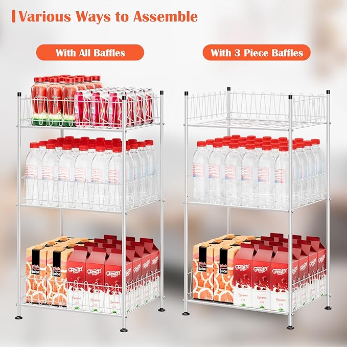 Water Bottle Storage Organizer 3 Tier Freestanding Water Bottle Holder Rack Stand Metal Drink Soda Can Organizer Beverage Shelf for Floor Pantry Kitchen Food Storage, Silver
