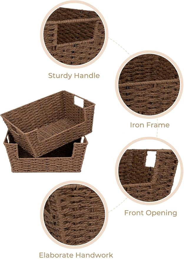 StorageWorks Round Paper Rope Woven Basket for Pantry Organizers and Storage, Stackable Pantry Storage Baskets for Shelves, Brown, 2-Pack
