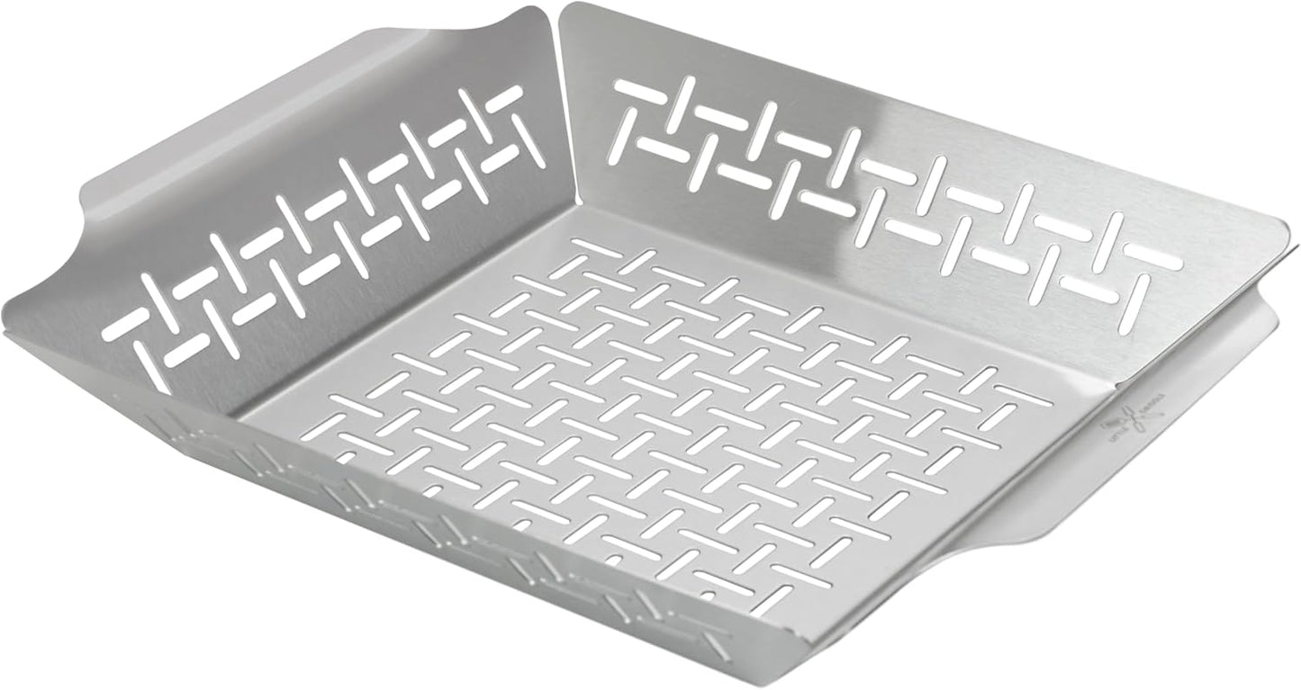 LITTLE GRIDDLE - GT-135 Grill Basket, High sidewalls with built-in handles, Heavy Duty, Stainless Steel Material and Vented Design, Durable and Easy to Clean - Silver