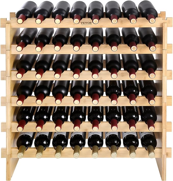 VEVOR Stackable Modular Wine Rack, 6-Tier 48 Bottles, Freestanding Wines Holder Display Shelf, Solid Bamboo Wood Storage Racks, Wobble-Free Shelves for Kitchens, Dining Rooms, Cellars, Natural Color