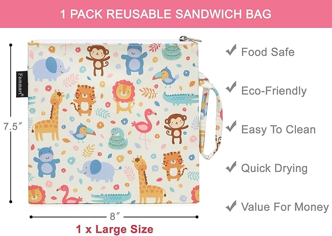 Reusable Sandwich Bag/Snack Bag for Kids & Adults, Dual Layer Lunch Bag with Handle, Washable, Food Safe, BPA Free (1-Pack, Zoo)
