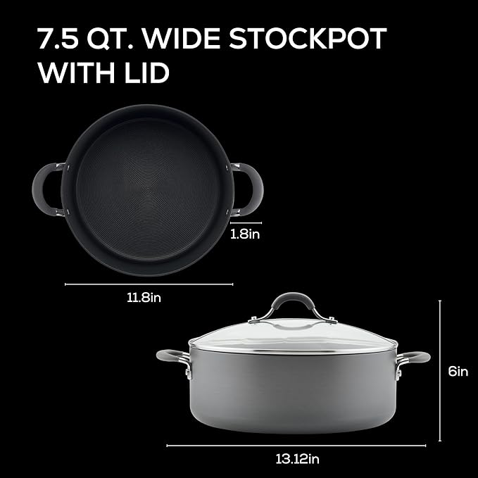 Circulon 83908 Radiance Hard Anodized Nonstick Stock Pot/Stockpot with Lid - 7.5 Quart, Gray