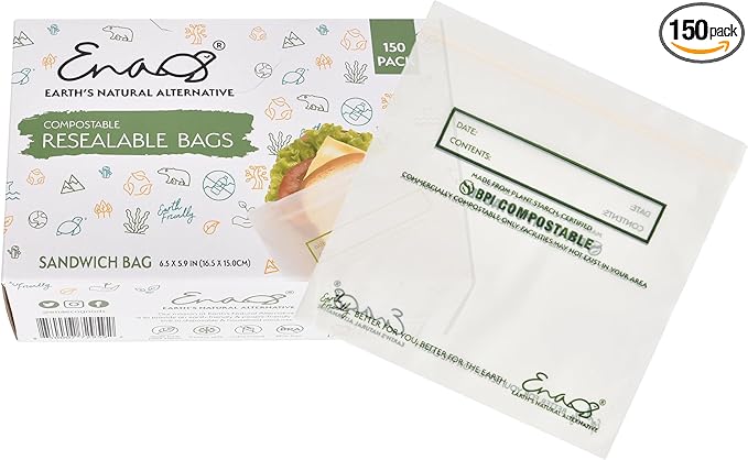 100% Compostable Food Storage Bags [Sandwich 150 Pack] Eco-Friendly Freezer Bags, Resealable Bags, Heavy-Duty, Reusable, by Earth's Natural Alternative, off white