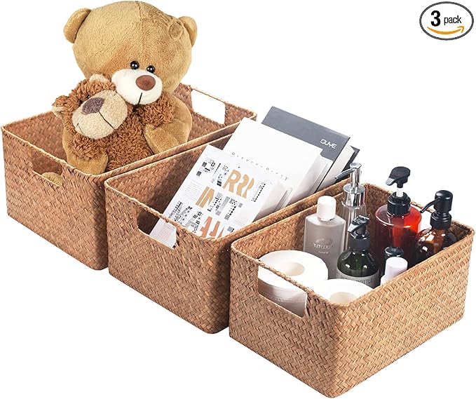 YANGQIHOME Wicker Baskets, [Set of 3] Woven Baskets for Storage, Seagrass Storage Baskets for Organizing with Built-in Handles, Open Storage Bins, Multisize, Natural
