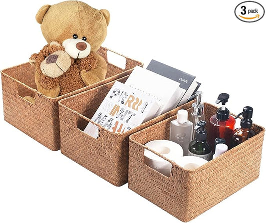 YANGQIHOME Wicker Baskets, [Set of 3] Woven Baskets for Storage, Seagrass Storage Baskets for Organizing with Built-in Handles, Open Storage Bins, Multisize, Natural
