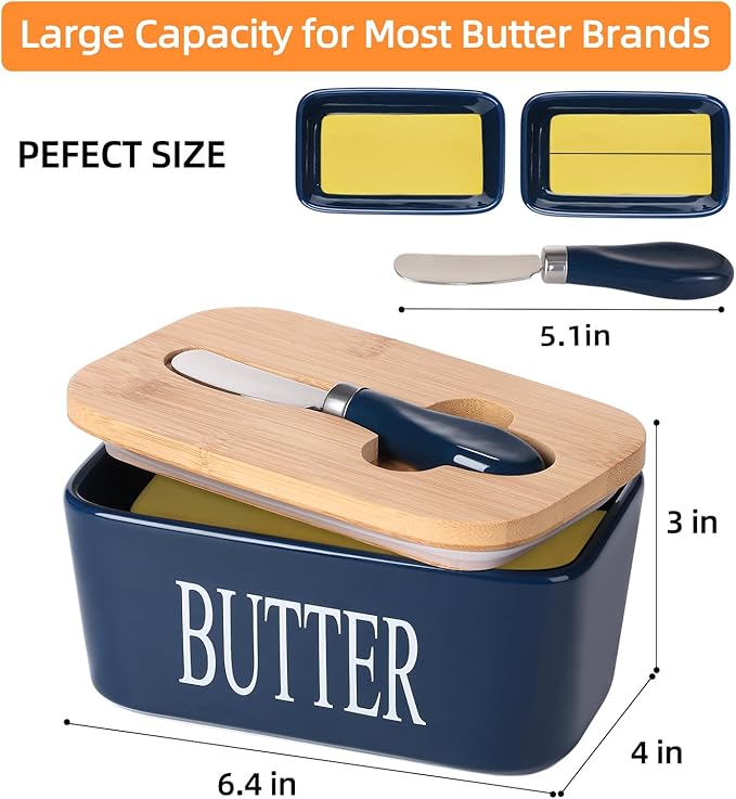 Ceramic Butter Dish with Wooden Lid, Large Butters Container Keeper Storage with Stainless Steel Knife Spreader, Bamboo Cover and Silicone Sealing Ring for West East Coast, Blue