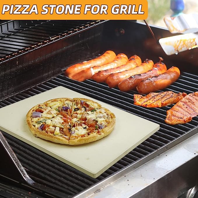 Rectangular Pizza Stone 4 Sets,12"x15"x0.59"(OAK) Pizza Stone for Oven and Grill with Bamboo Pizza Peel, Pizza Cutter and 10pcs Cooking Paper,Grill Stone Baking Stone for Bread,BBQ,Grill