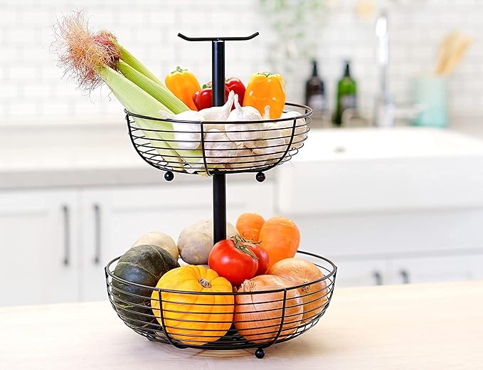 CAXXA 2 Tier Fruit Basket Bowl Kitchen Heavy Duty Wire Organizer, Black