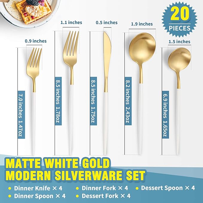 Matte White Gold Silverware Set for 4,Modern Stainless Steel Brushed Cutlery Set,20-Pieces Heavy Duty Flatware Set,Knives Spoons and Forks Set Utensils Set, Satin Finish, Dishwasher Safe