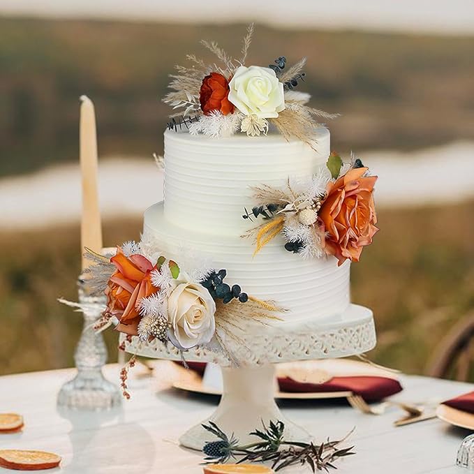 Rinlong 3-Piece Boho Chic Cake Toppers: Terracotta & Beige Silk & Dried Eucalyptus Flowers for Weddings, Birthdays, Baptisms & More