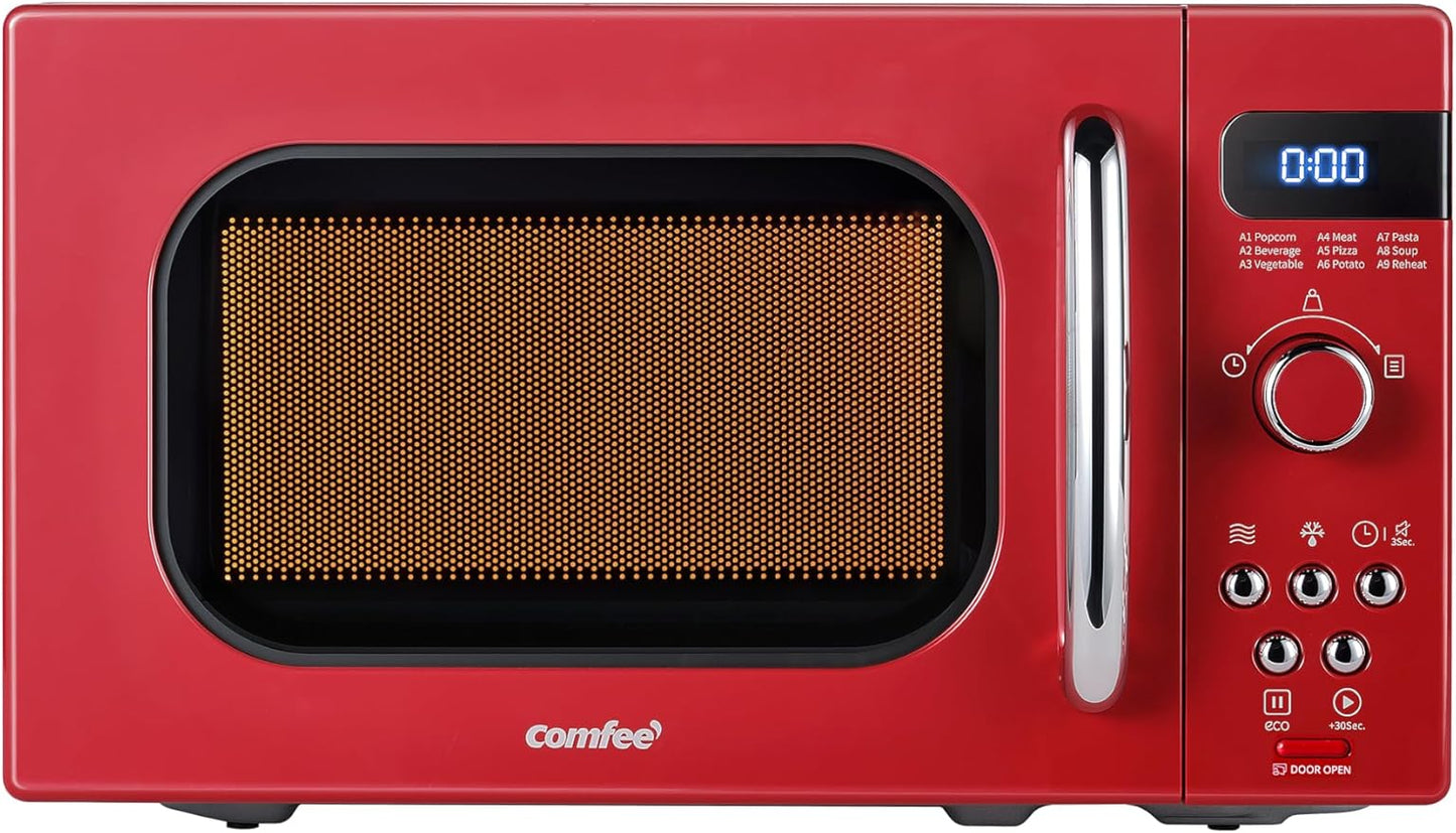 COMFEE' Retro Small Microwave Oven With Compact Size, 9 Preset Menus, Position-Memory Turntable, Mute Function, Countertop, Perfect For Small Spaces, 0.7 Cu Ft/700W, Red, AM720C2RA-R
