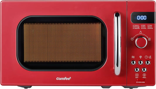 COMFEE' Retro Small Microwave Oven With Compact Size, 9 Preset Menus, Position-Memory Turntable, Mute Function, Countertop, Perfect For Small Spaces, 0.7 Cu Ft/700W, Red, AM720C2RA-R