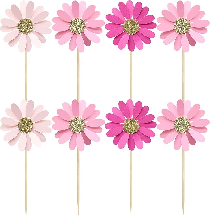 24Pcs Daisy Cupcake Toppers Flower Cake Topper Decorations Daisy Cake Decorations Chrysanthemum Cupcake Toppers Spring Daisy Flower Cake Picks for Birthday Wedding Supplies Rose Red Pink