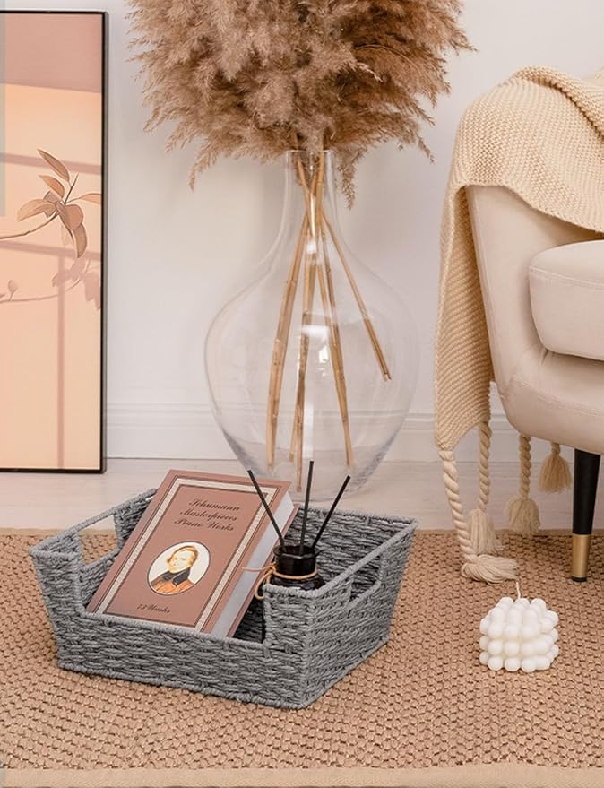 StorageWorks Round Paper Rope Woven Basket for Pantry Organizers and Storage, Stackable Wicker Pantry Baskets for Shelves, Grey, 2-Pack