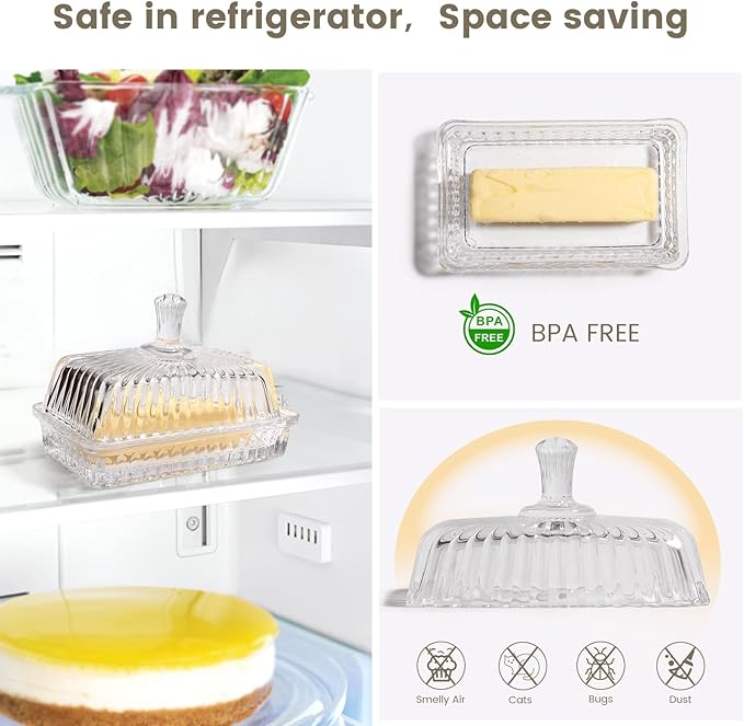 Wide Glass Butter Dish with Cover for Countertop,Vintage Crystal Butter Keeper for Counter,Covered Glass Butter Holder,Butter Holder for Refrigerator,Butter Tray with Two Stick 4oz Butter
